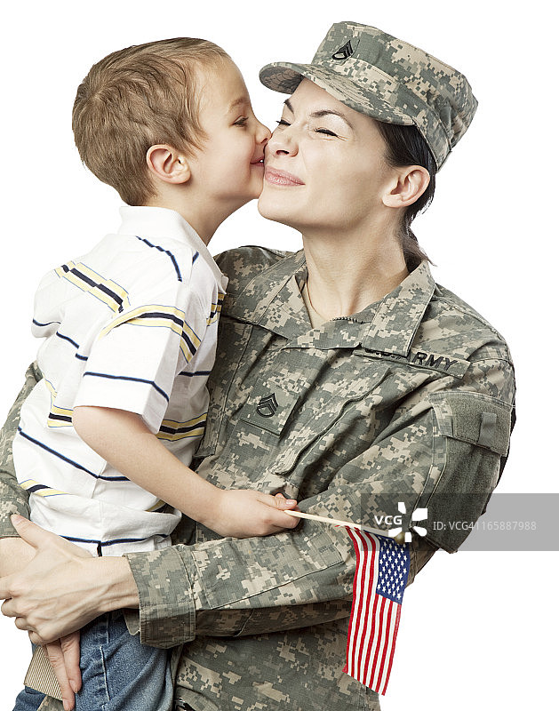 美国女兵和儿子图片素材