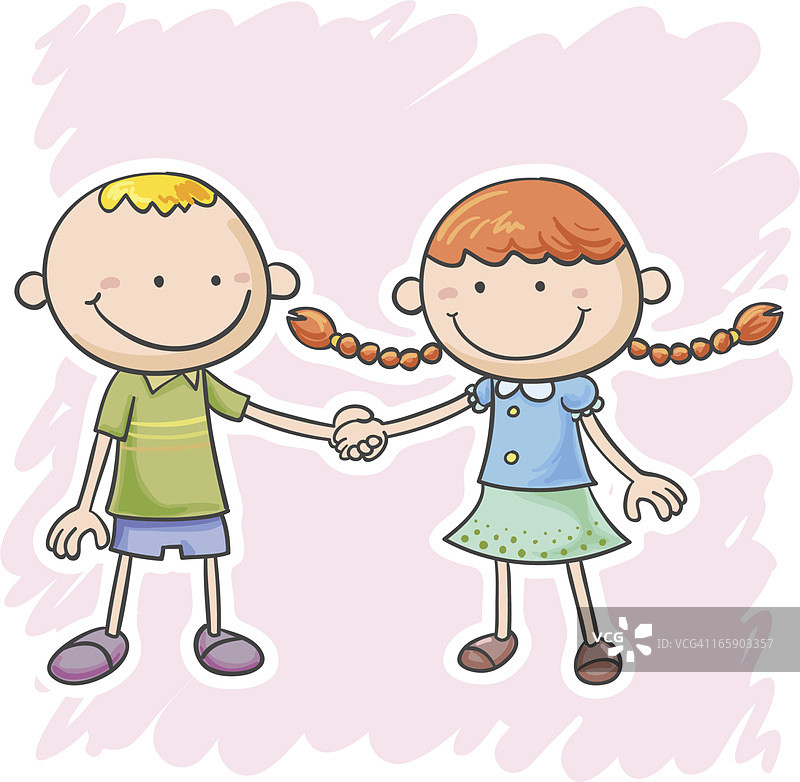 一男一女两个小朋友手牵着手图片素材