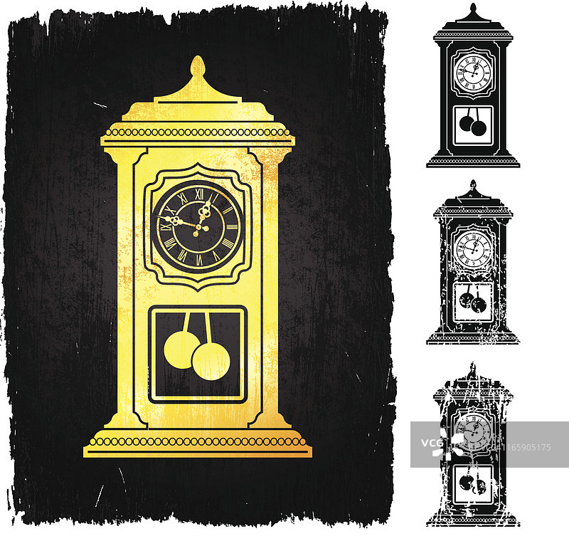 黑色免版税矢量背景上的金色老式落地钟图片素材
