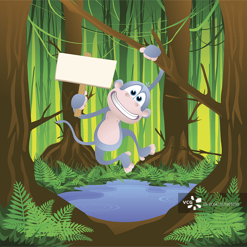 猴子荡着秋千，拿着空白标牌图片素材