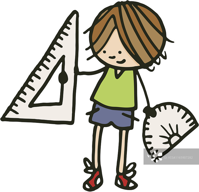 男孩拿着量角器和三角板图片素材