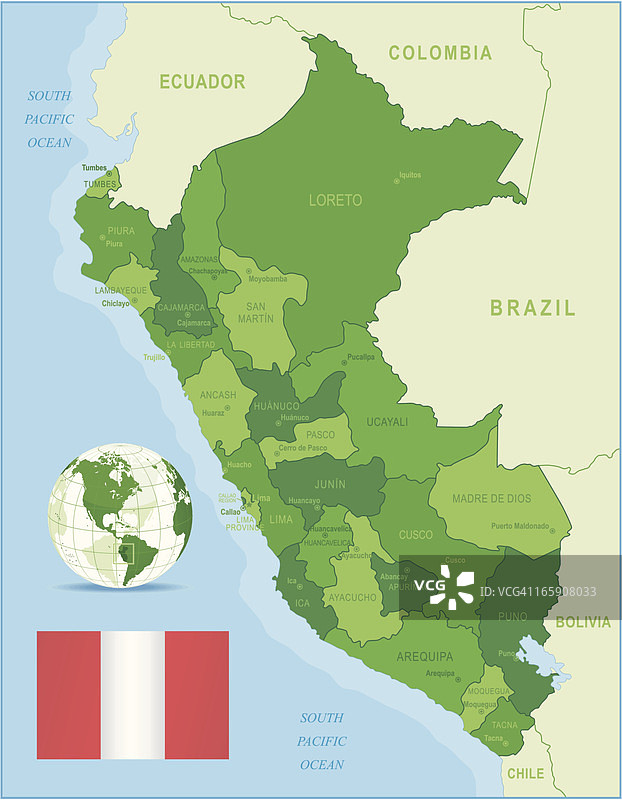 秘鲁绿色地图 - 州、城市和旗帜图片素材