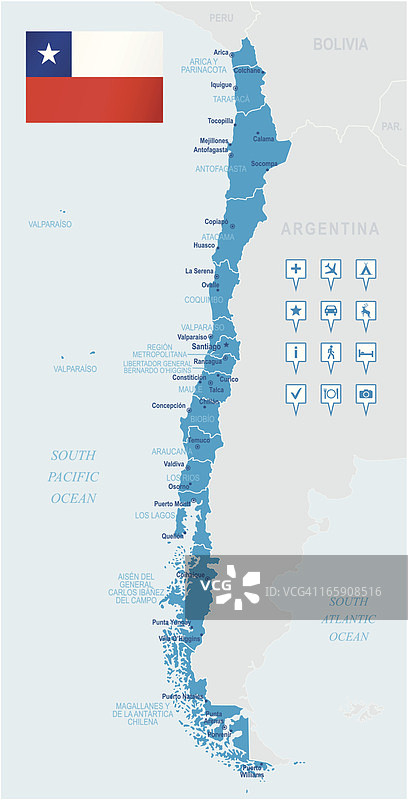 智利地图——州、城市、旗帜和导航图标图片素材