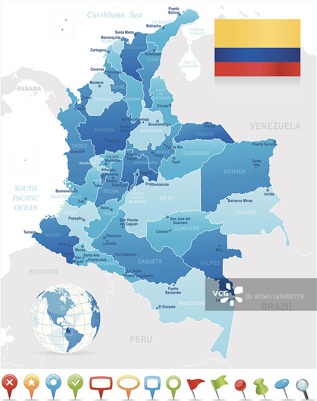 哥伦比亚地图 - 州、城市、旗帜和导航图标图片素材