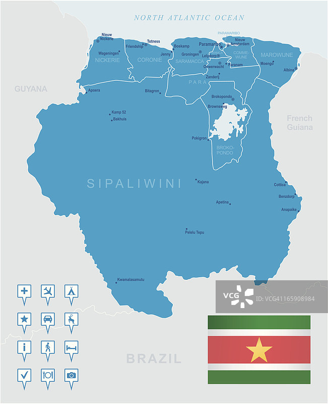 苏里南地图：州、城市、旗帜和导航图标图片素材