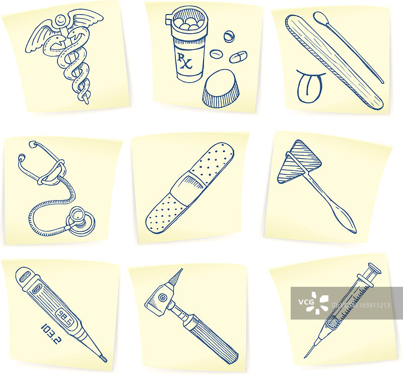 便签上的医疗符号和设备涂鸦图片素材