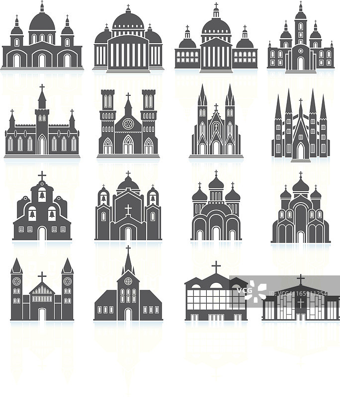 老教堂和大教堂黑白矢量图标集图片素材