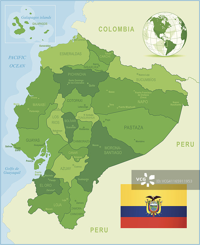 厄瓜多尔绿色地图：州、城市、旗帜图片素材