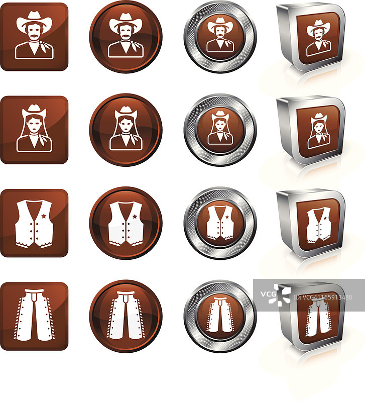 棕色牛仔主题矢量按钮和图标集图片素材