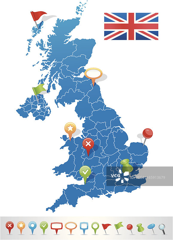 带有地理导航图标的英国地图图片素材