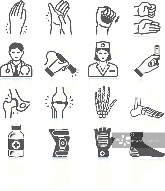 关节炎骨骼和关节疼痛黑白图标集图片素材