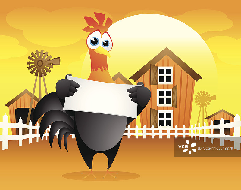 日出时拿着空白banner的公鸡图片素材