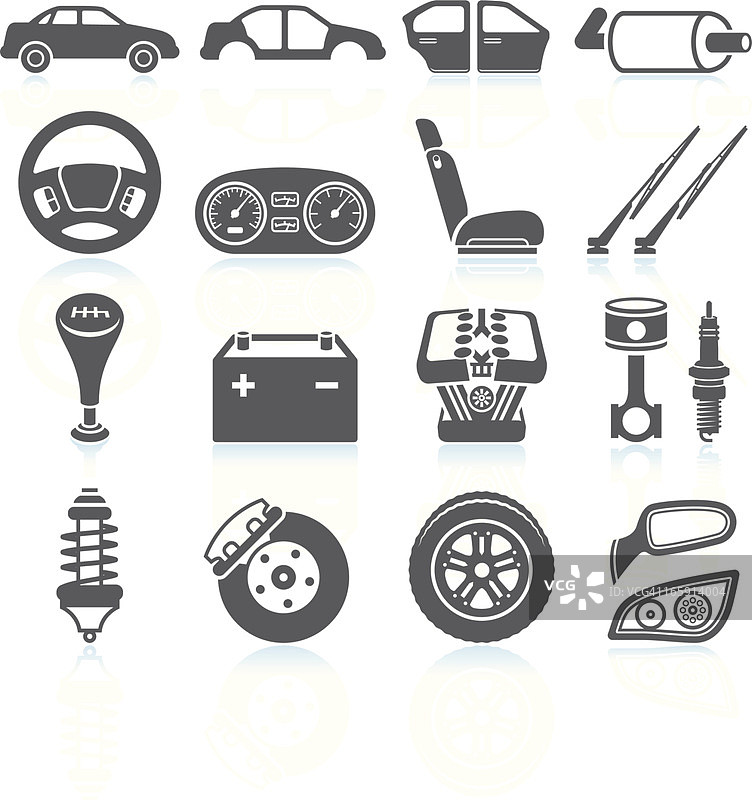 汽车组装和零件黑白矢量图标集图片素材