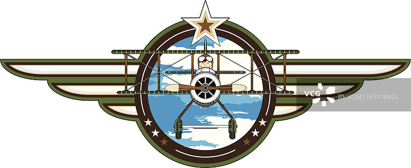 一战风格军用双翼飞机与飞行员徽章图片素材