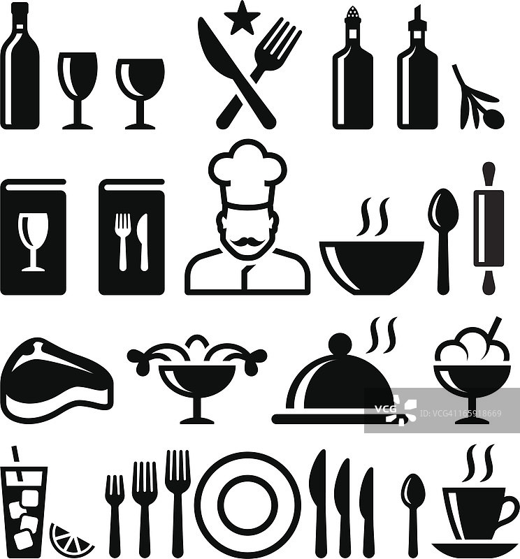 餐厅和精致餐饮黑白矢量图标集图片素材