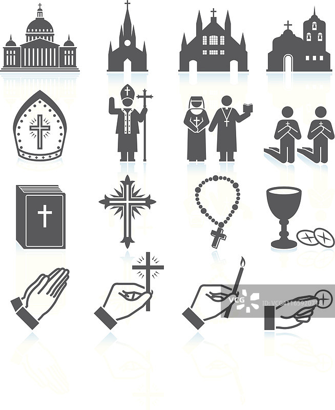 教堂和宗教黑白矢量图标集图片素材
