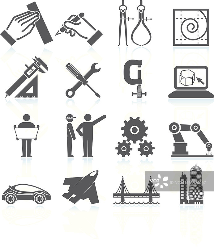 现代工程建筑和施工黑白图标集图片素材