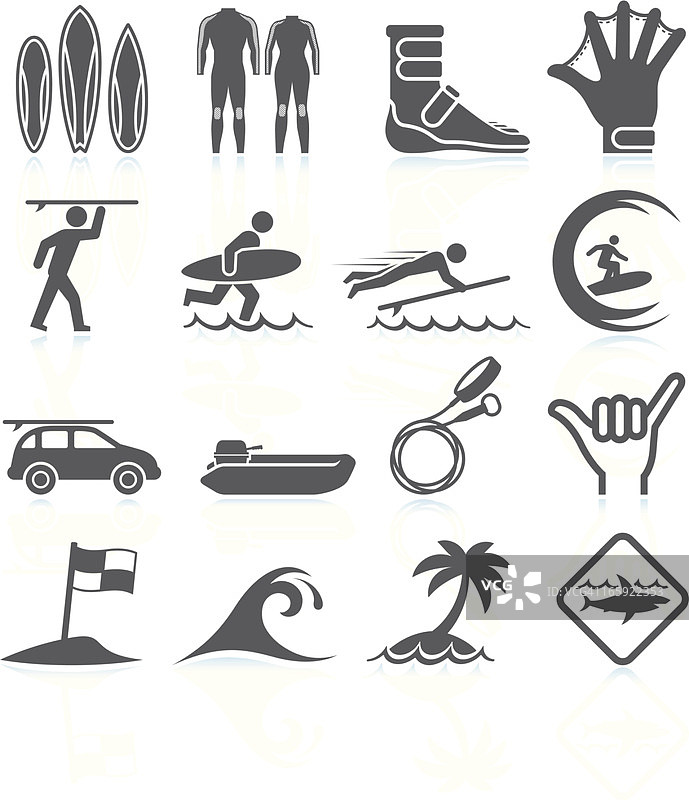 冲浪假期黑白免版税矢量图标集图片素材