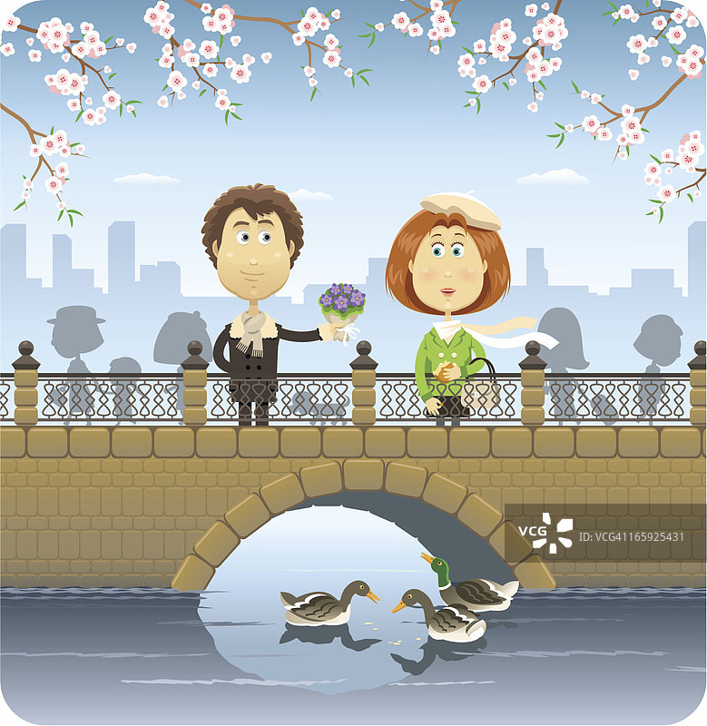 快乐情侣桥上漫步图片素材
