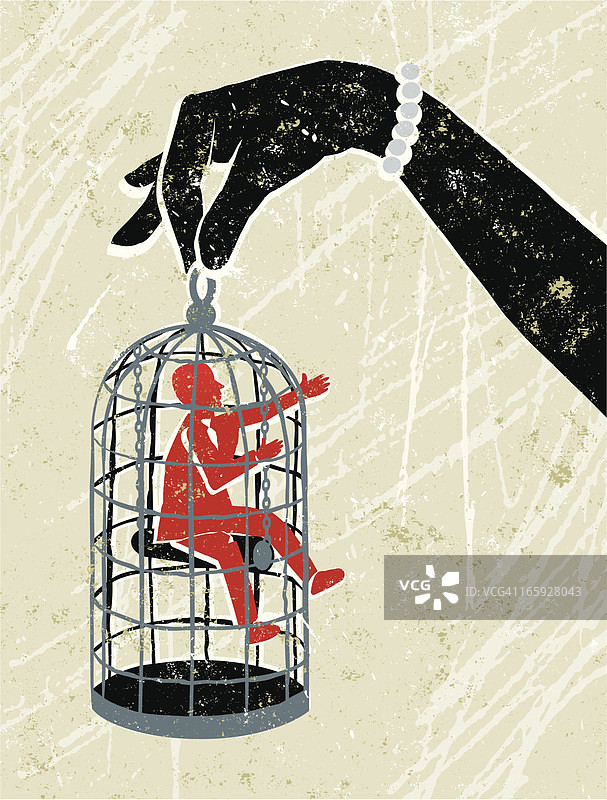 女人手握困在鸟笼里的小人图片素材