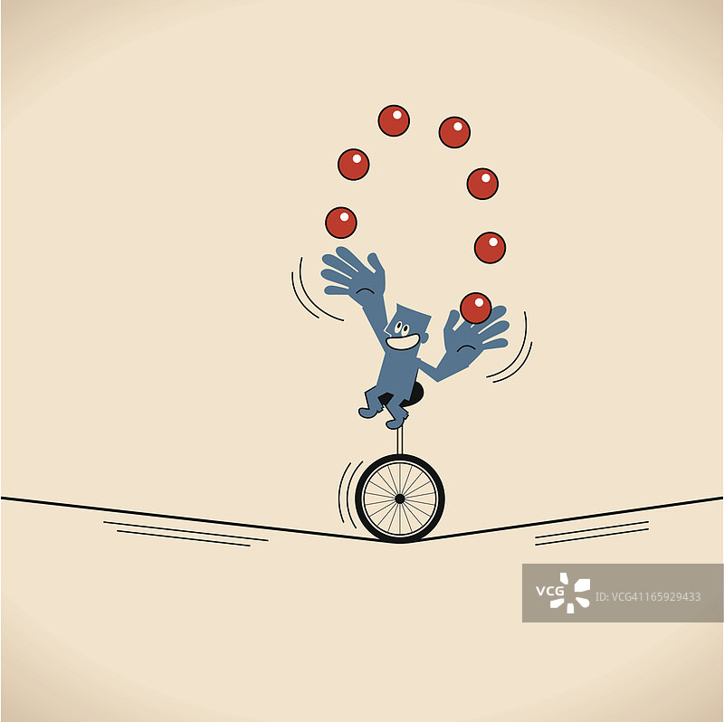 笑容满面的男子（商人）玩独轮车杂耍球图片素材