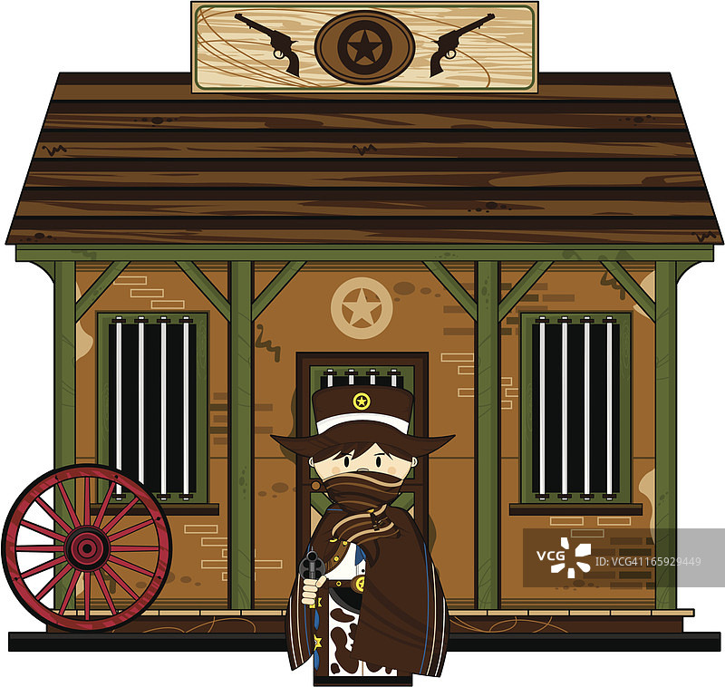 在监狱，身穿披风的牛仔警长图片素材