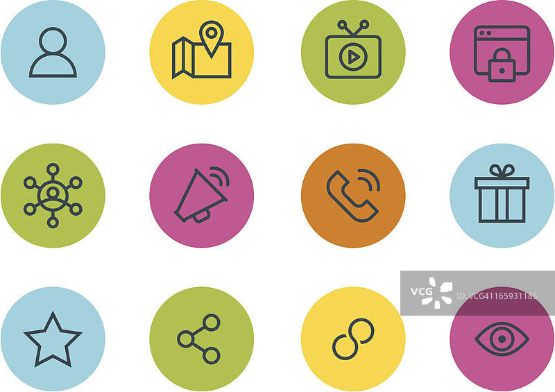 十二个彩色通信和媒体图标图片素材