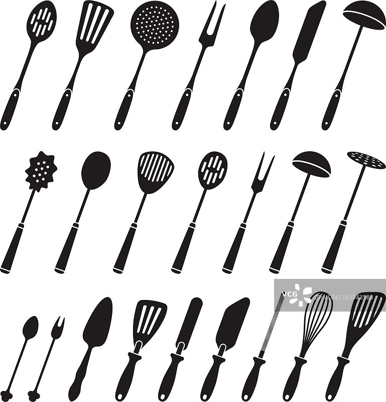 厨房工具黑白免版税矢量图标集图片素材