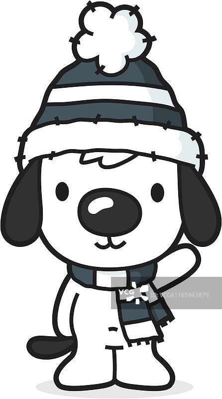 卡通小狗戴着绒线帽和围巾过寒冷的冬天图片素材