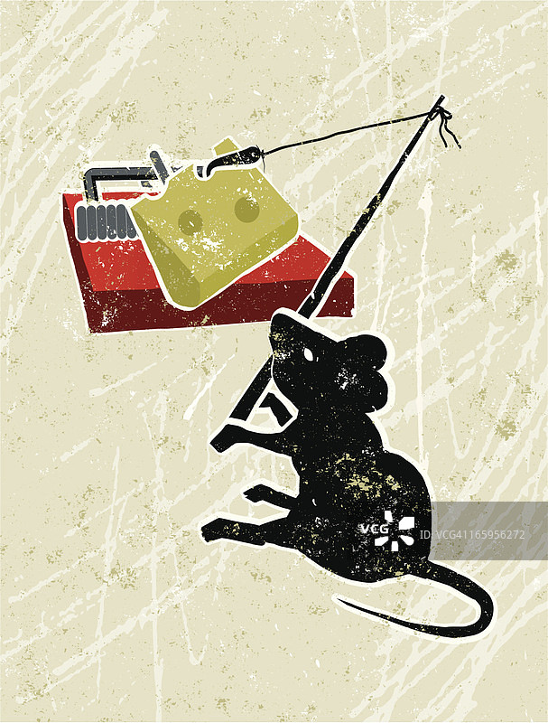 用钓鱼竿克服捕鼠器的老鼠图片素材