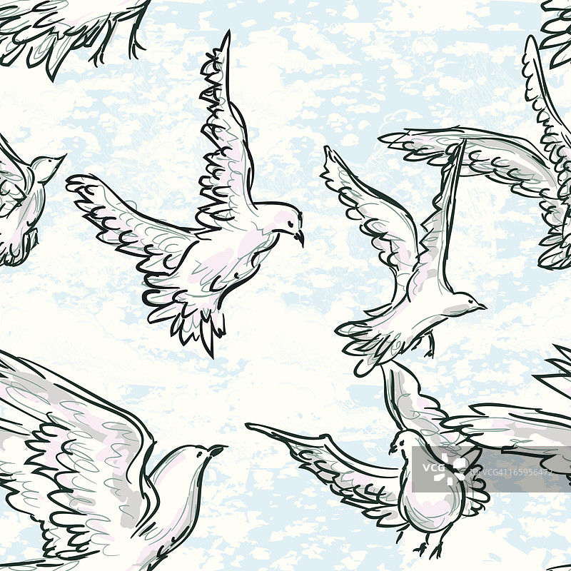 多云蓝色天空中的鸟类无缝图案图片素材