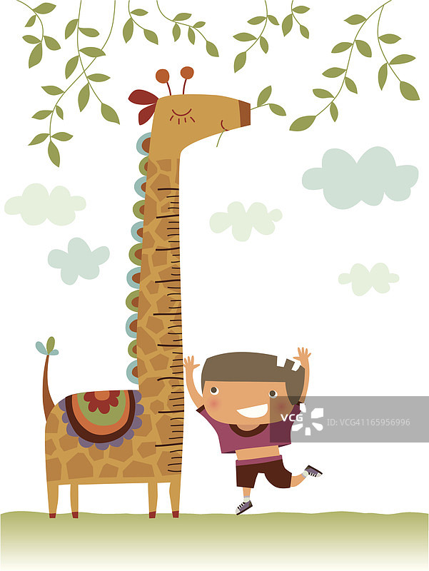 孩子用长颈鹿测量身高图片素材