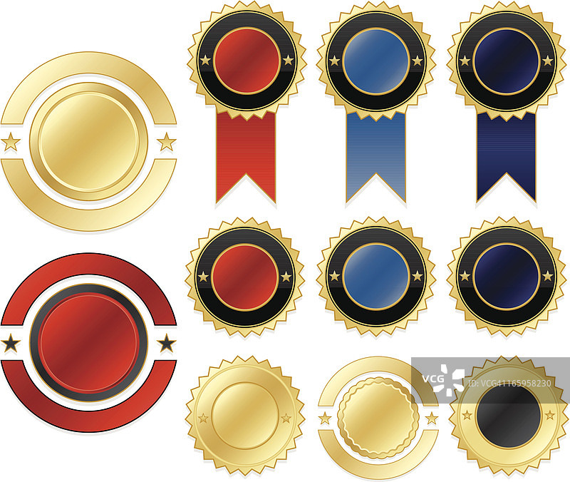 金色、蓝色、红色、紫色、黑色贴纸和丝带套装图片素材