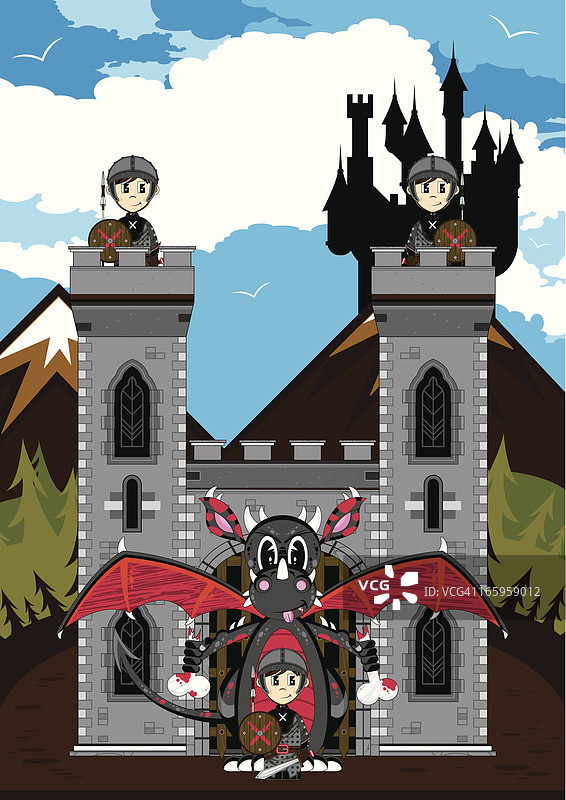 中世纪士兵与龙城堡场景图片素材