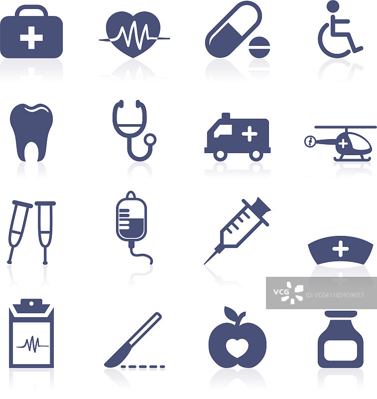白色背景上的十六个海军蓝医疗符号图片素材