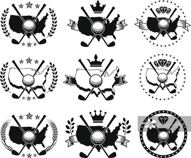 美国地图高尔夫球场黑白套装图片素材