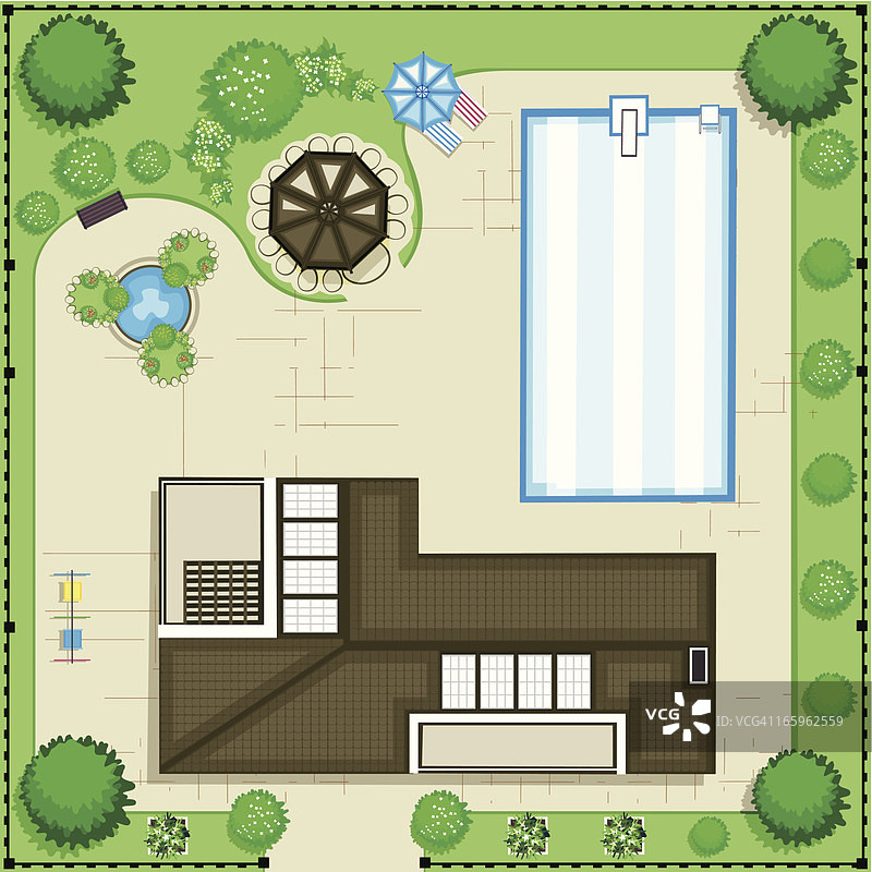 带游泳池和花园的现代住宅（顶视图）图片素材