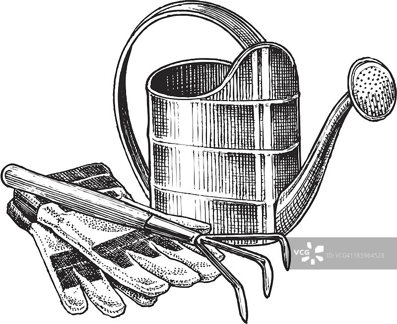 水壶、工作手套和耙子图片素材