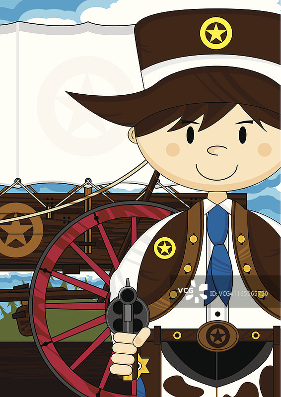 可爱牛仔警长与蓬车图片素材