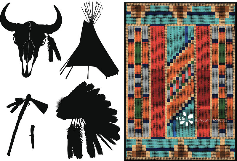 美洲印第安人 - 圆锥形帐篷、头饰、战斧图片素材