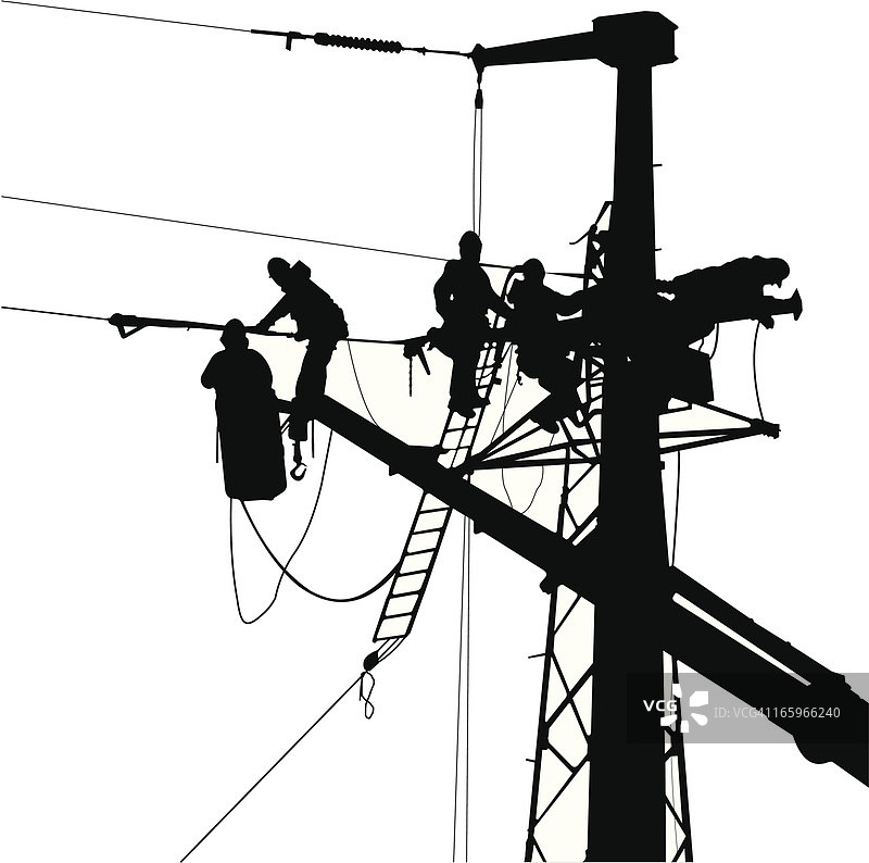 电力塔上的电工团队图片素材