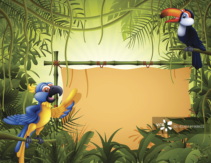 竹制banner上的热带鸟类图片素材