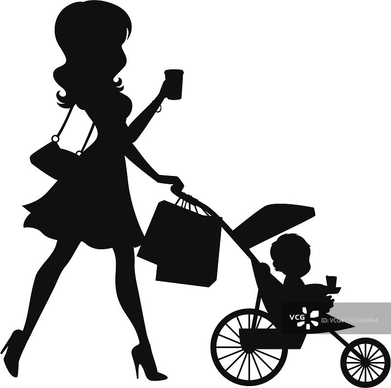 母亲推着婴儿车的剪影图片素材