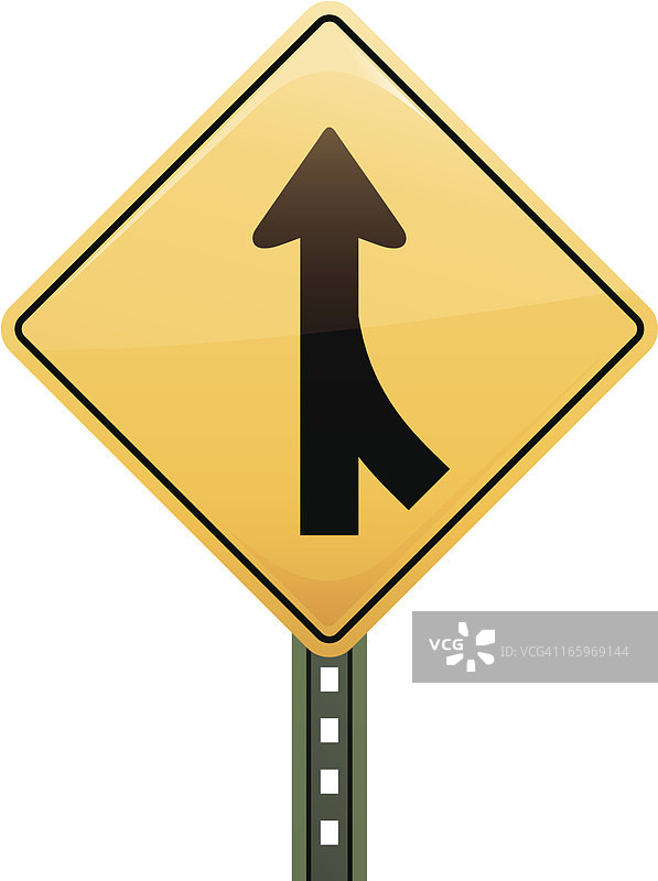 白色背景上的黄色道路汇合标志图片素材