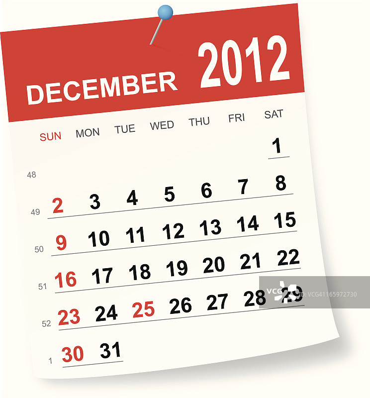 2012年12月日历图片素材