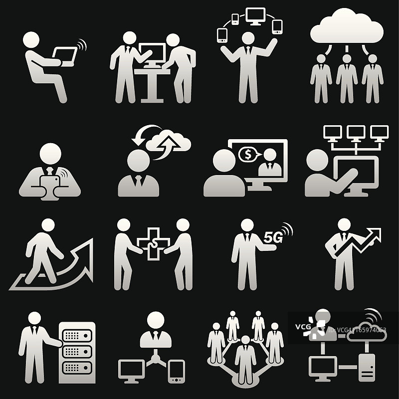 全球业务团队云计算黑白图标集图片素材