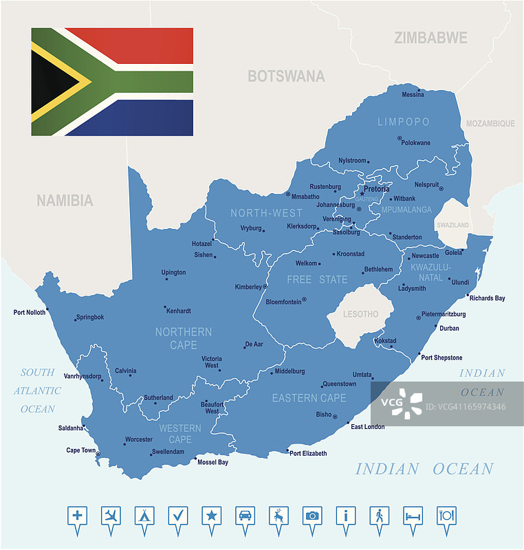 南非地图-国家，城市，旗帜，导航图标图片素材