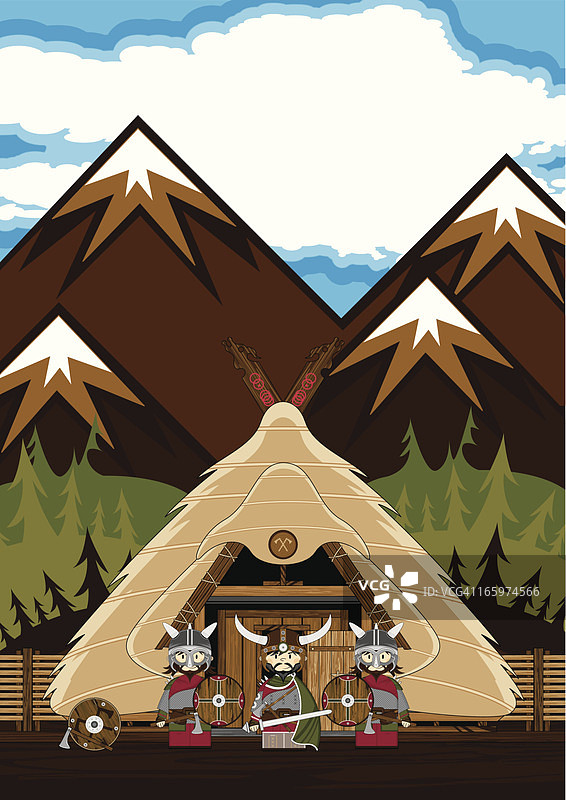 三名维京人和茅草屋图片素材