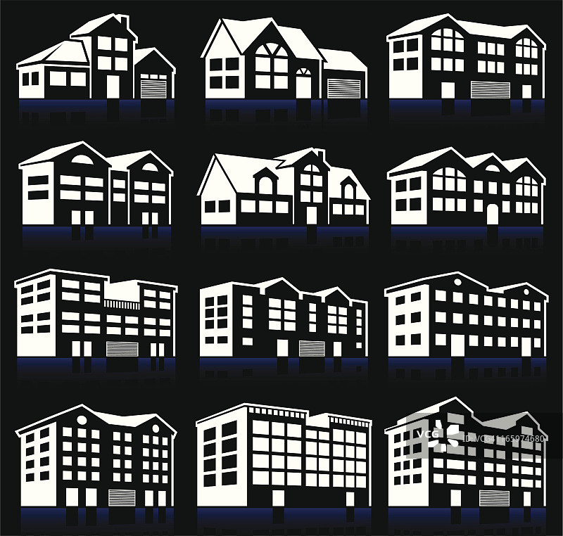 3D房屋和公寓楼黑白图标集图片素材