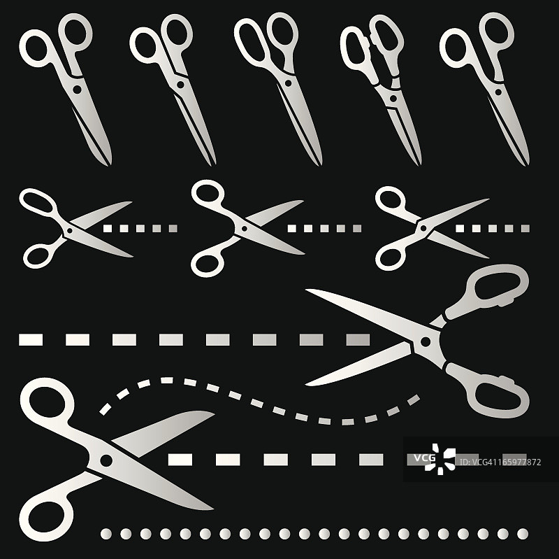 带虚线的剪刀黑白矢量图标集图片素材